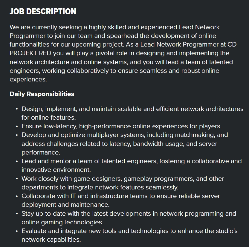 The job listing for the lead network programmer could just be for the sequel to Cyberpunk 2077 | Image Source: CD Projekt Red